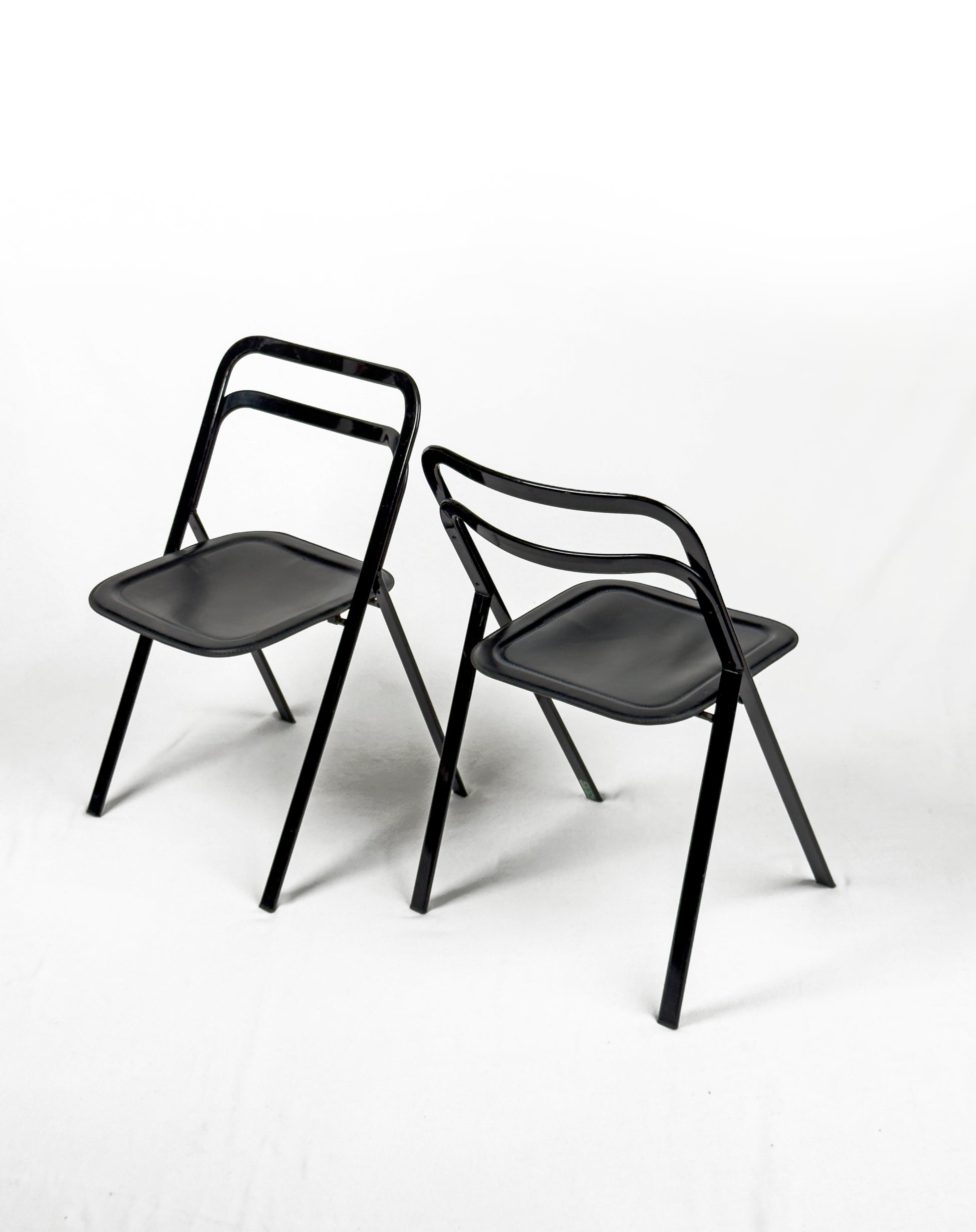 vintage metal and black leather folding “Clio” chairs by Giorgio Cattelan for Cidue, Italy 1970s
