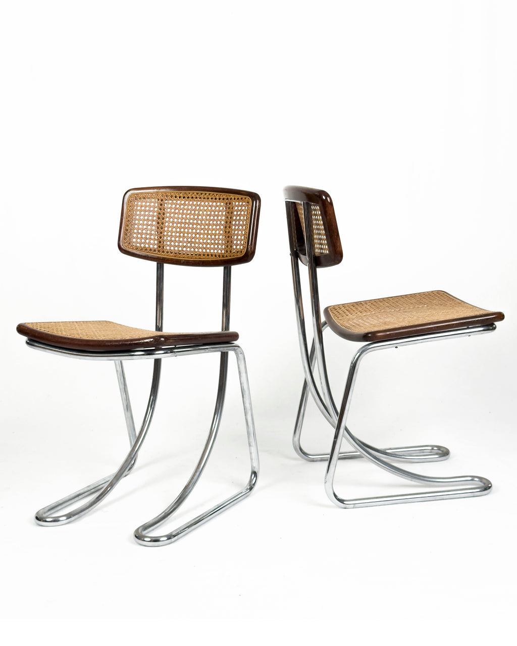 vintage Cantilever Chairs in Chrome, Wood and Vienna Straw, 1970s - Set of 4