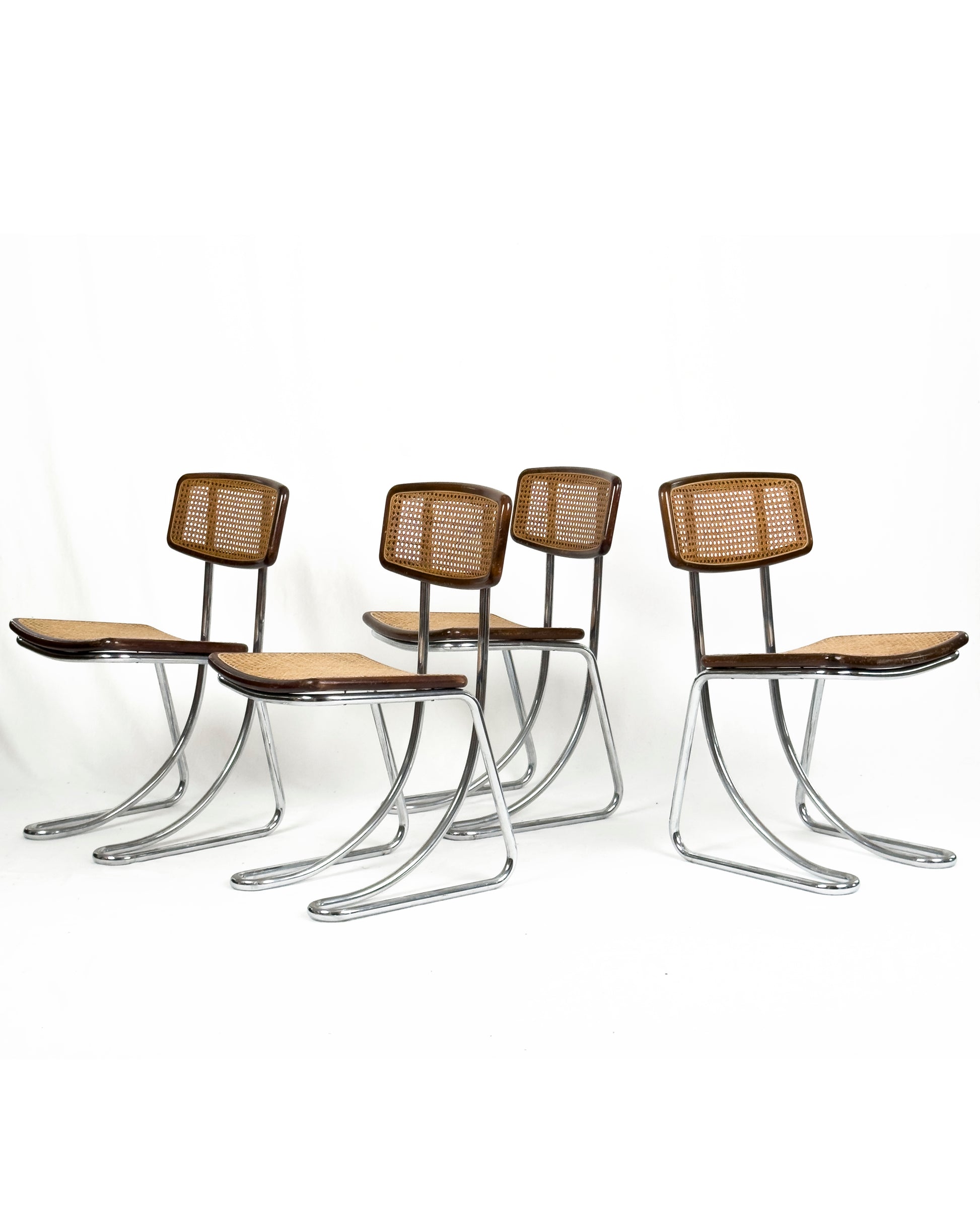 vintage Cantilever Chairs in Chrome, Wood and Vienna Straw, 1970s - Set of 4
