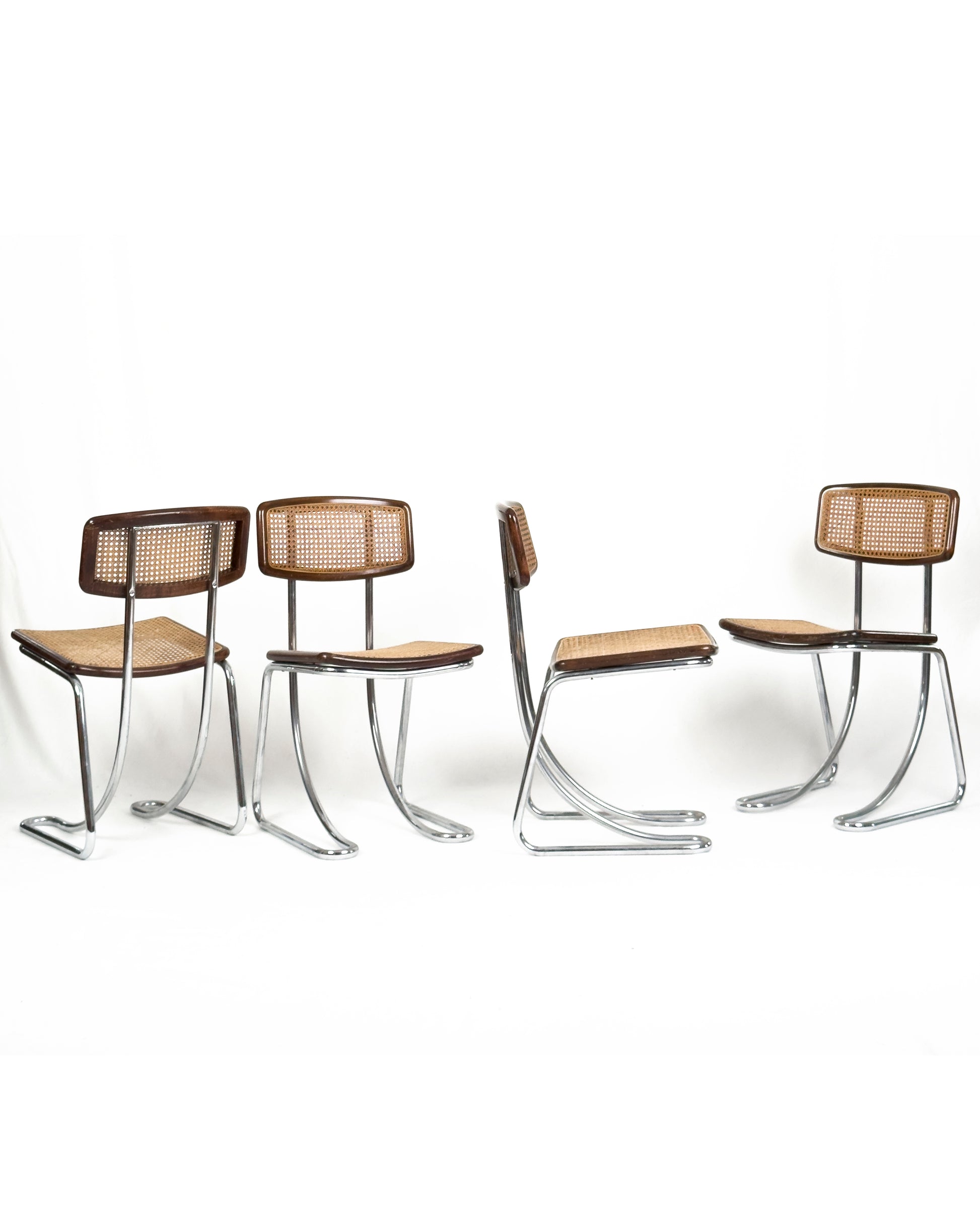 vintage Cantilever Chairs in Chrome, Wood and Vienna Straw, 1970s - Set of 4