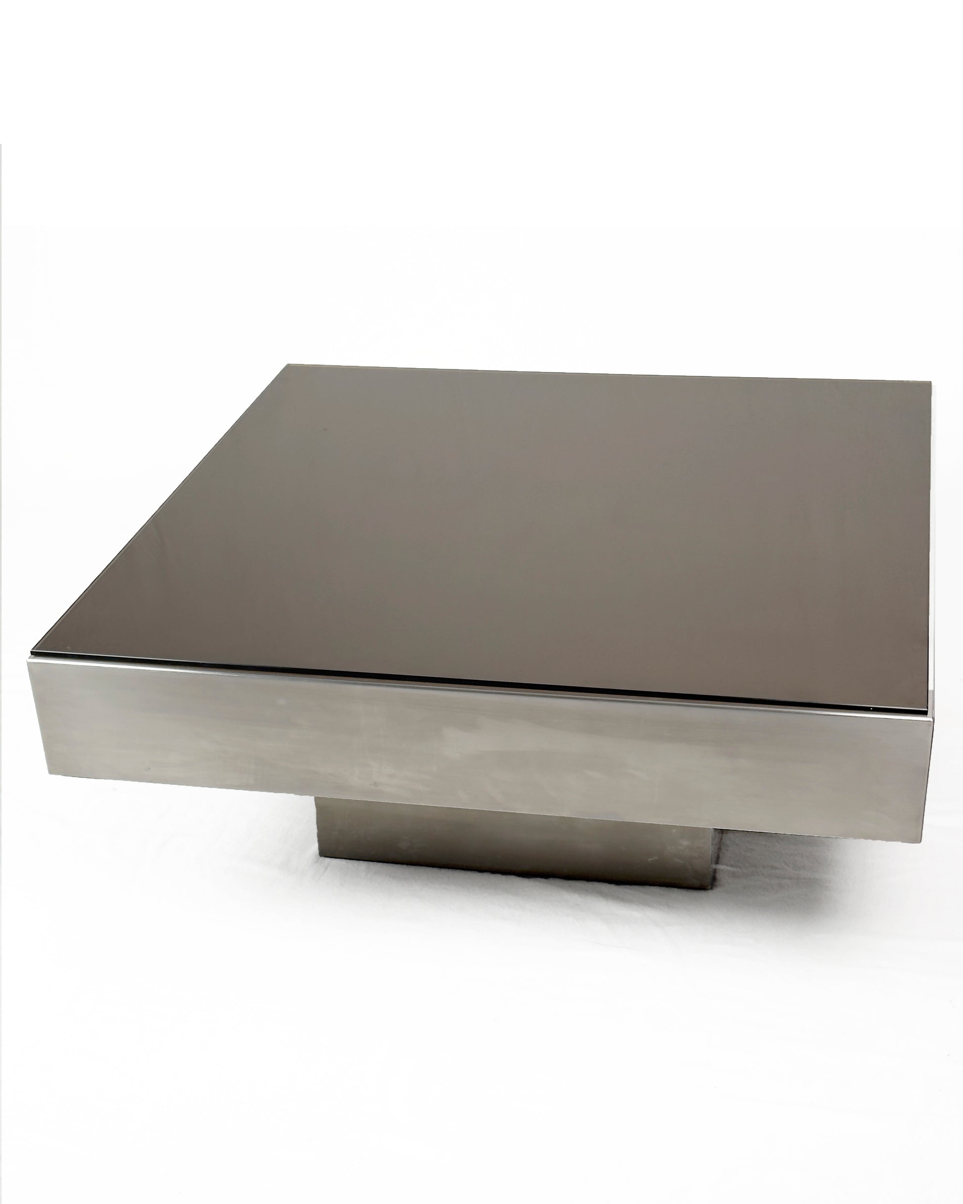 Vintage Chrome Coffee Table, 1970s – Stainless Steel & Brown Glass