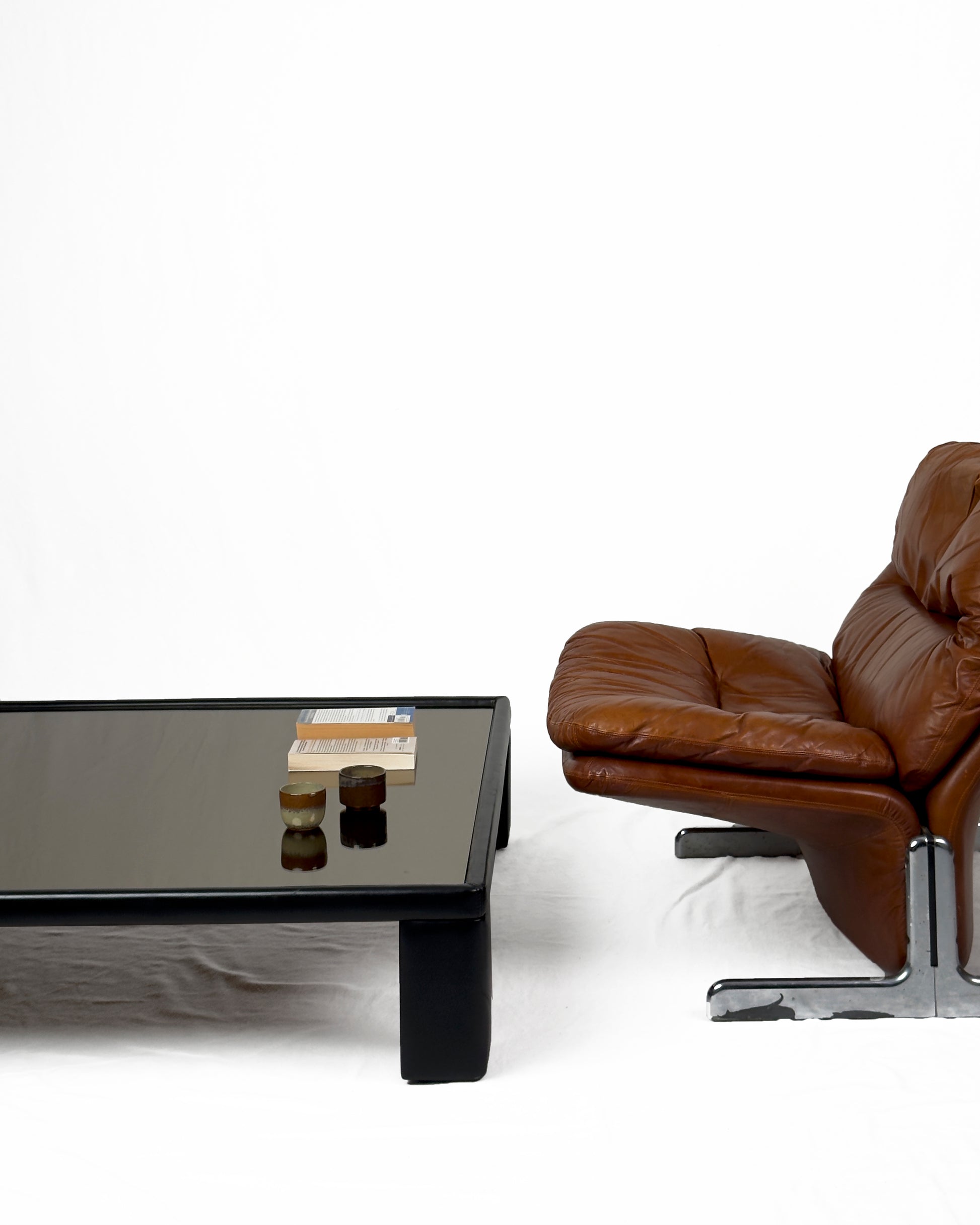 Luigi Massoni for Poltrona Frau – Leather Coffee Table with Mirror Top, 1970s