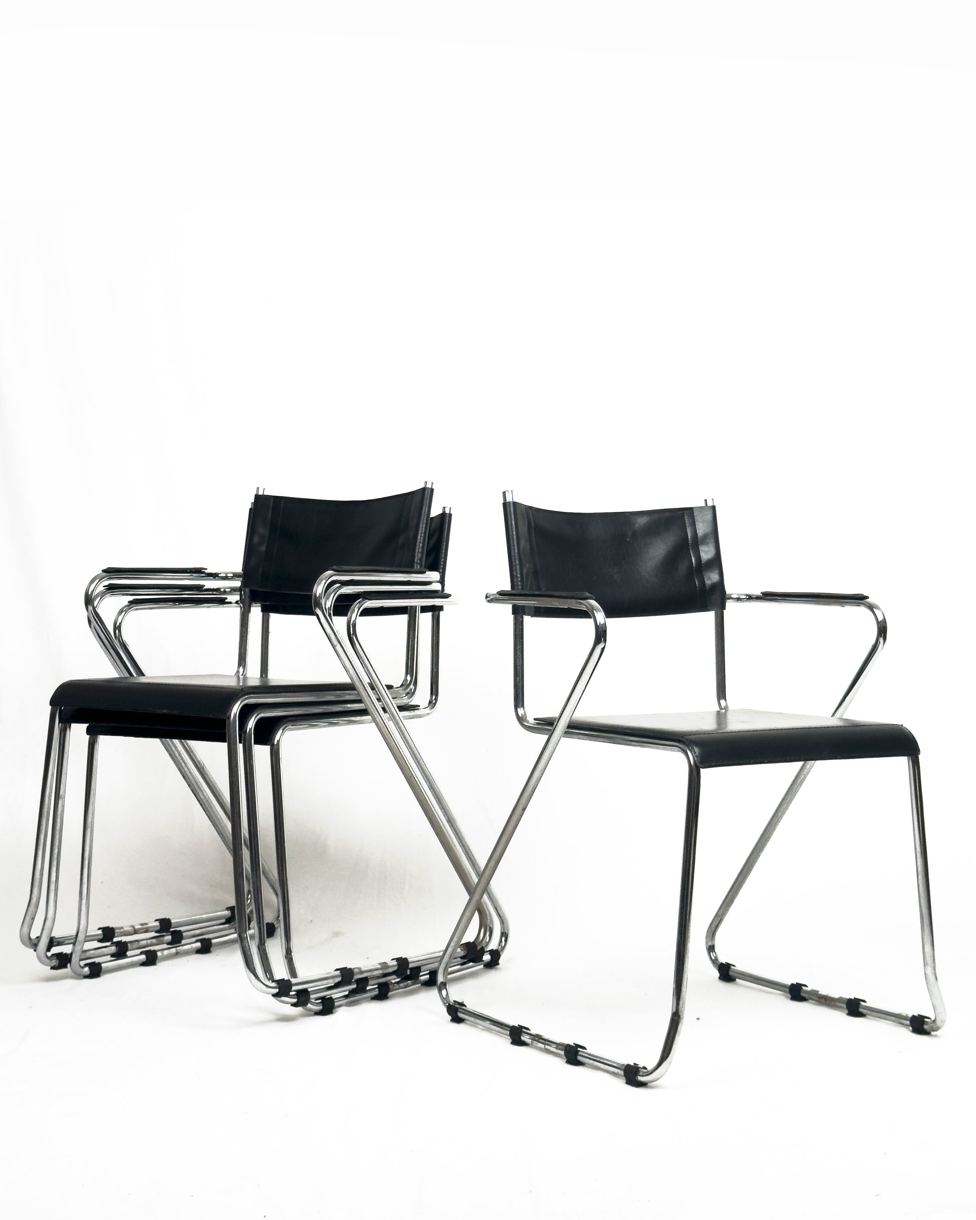 set of 4 vintage Cantilever Armchairs in Black Leather and Chrome, 1970s