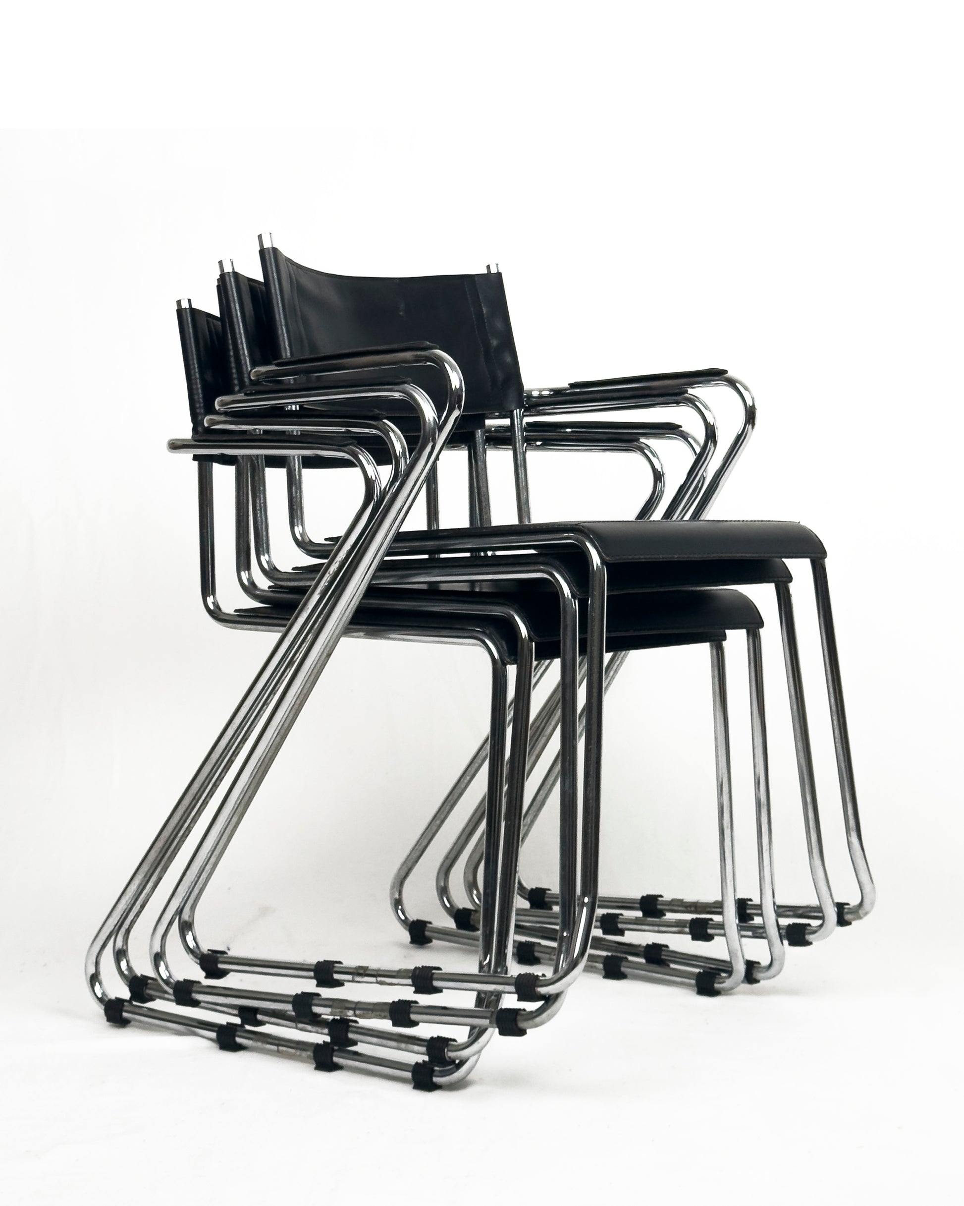 set of 4 vintage Cantilever Armchairs in Black Leather and Chrome, 1970s