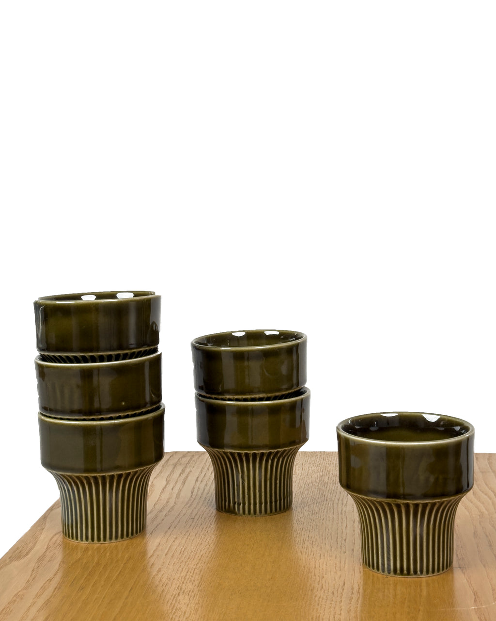 Set of 6 Vintage Stoneware Cups in Olive Green Glaze