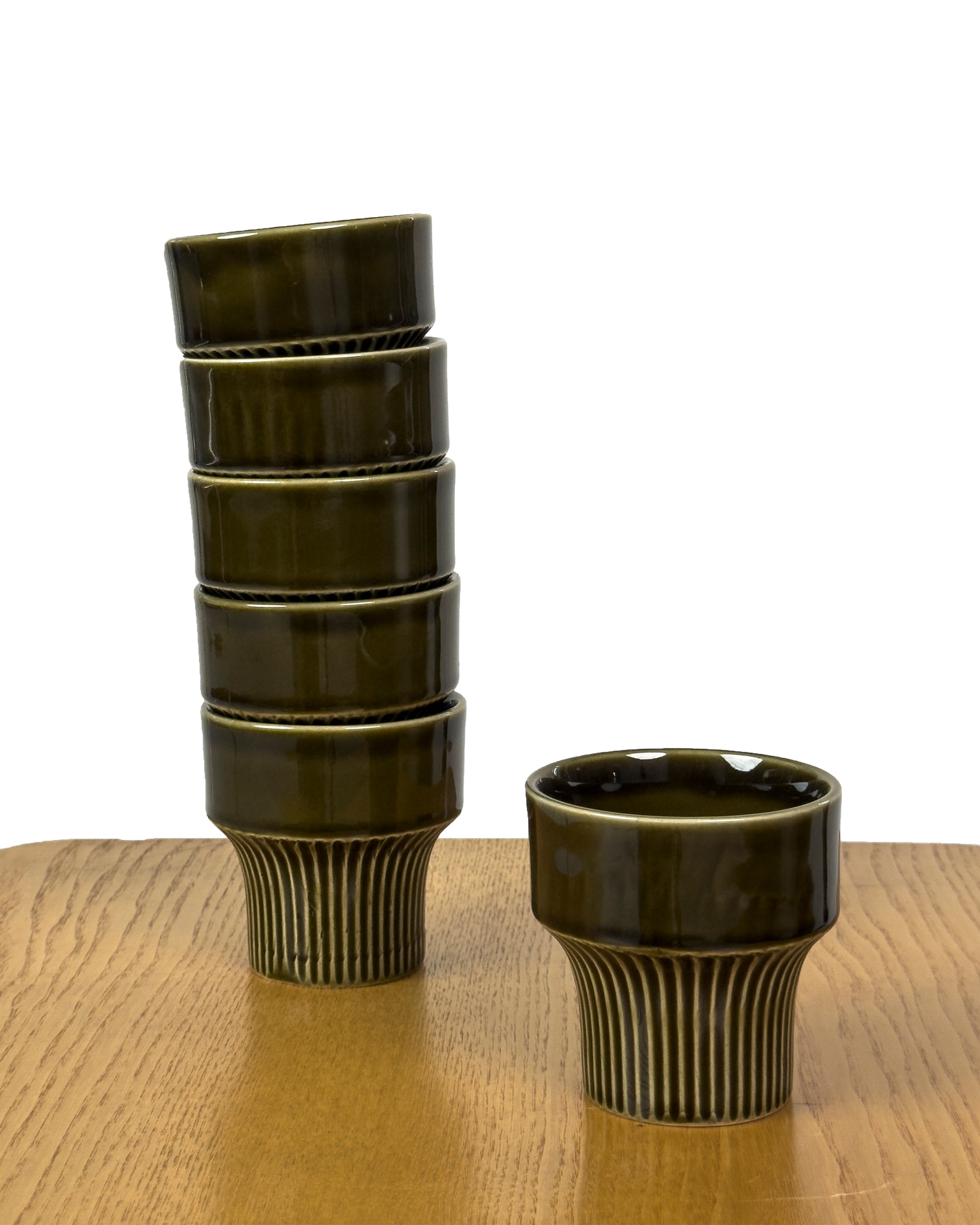 Set of 6 Vintage Stoneware Cups in Olive Green Glaze