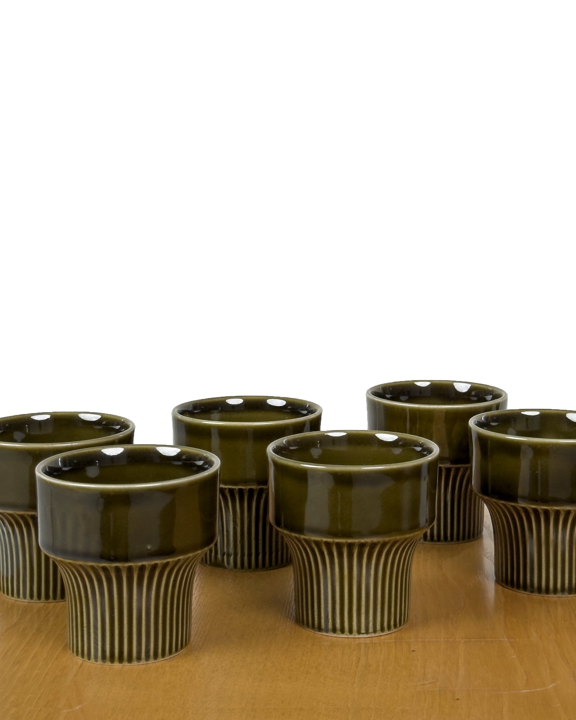 Set of 6 Vintage Stoneware Cups in Olive Green Glaze